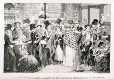 ジンショップ、「The Drunkard&39;s Children」のプレート1、1848 作： George Cruikshank